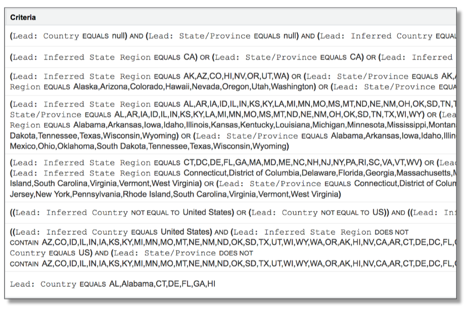 Image of a complex SFDC rule set for sales territories by state.