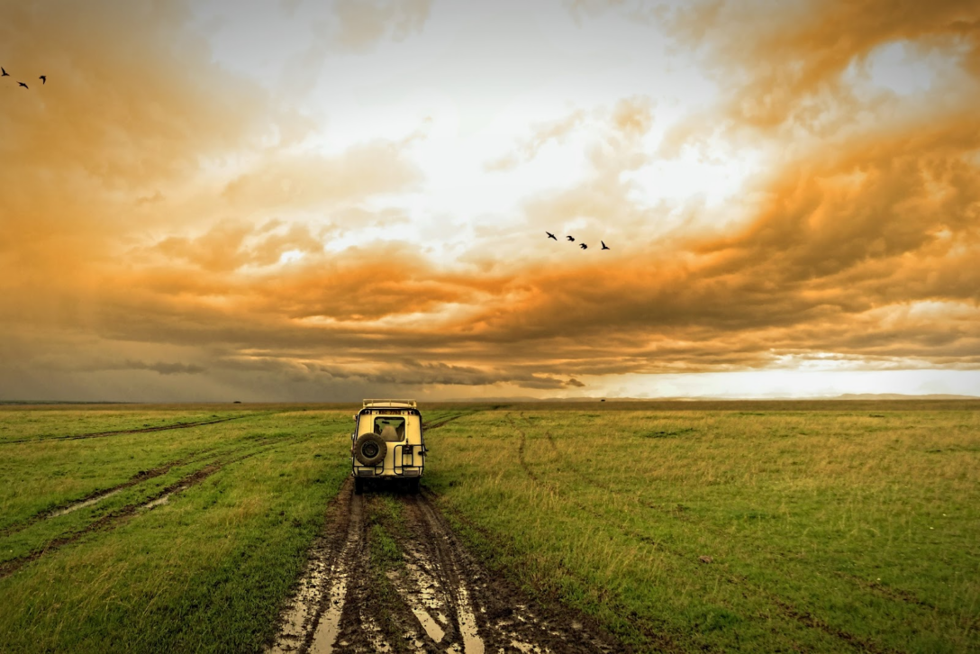 A jeep driving into a wide, open grassy field.