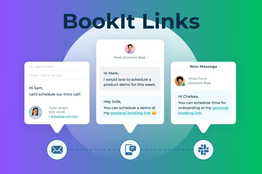 a graphic showing three chat-style messages with meeting links to LeanData's BookIt Links product