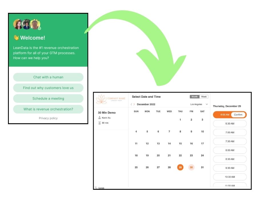 Rectangles showing a website chatbot connecting with an arrow to a meeting scheduler calendar