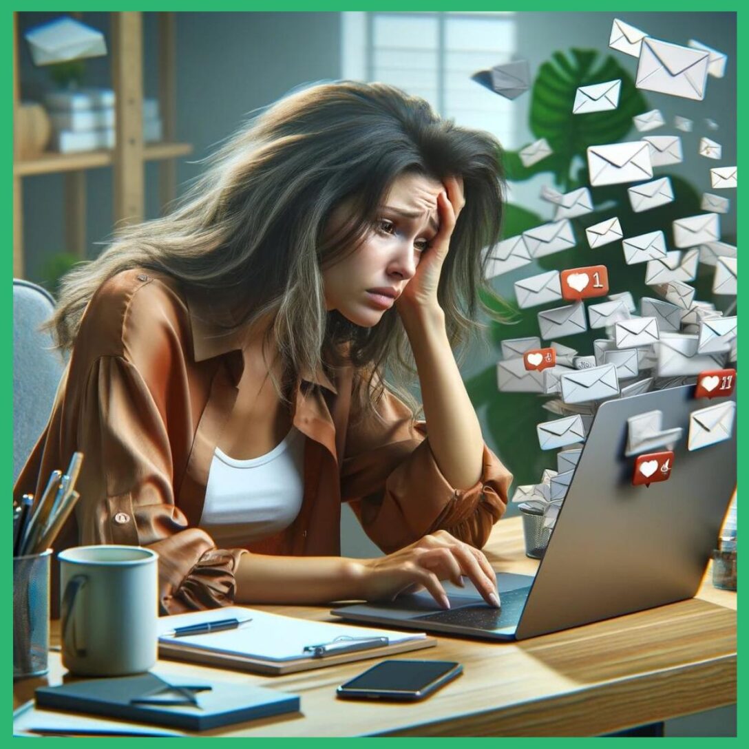 A woman sitting at a desk, working on a laptop, with a frustrated expression on her face