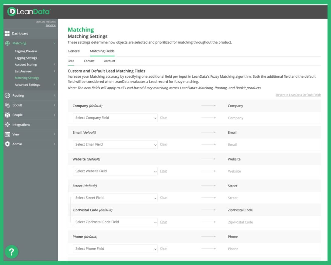 The six fields that help match leads to accounts in the LeanData SaaS platform